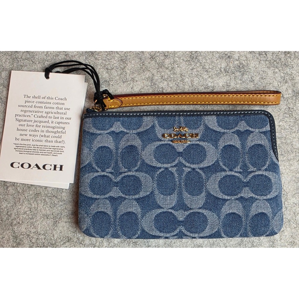 Coach Signature Jacquard Small Wristlet Denim Blue Regenerative Cotton NWT
